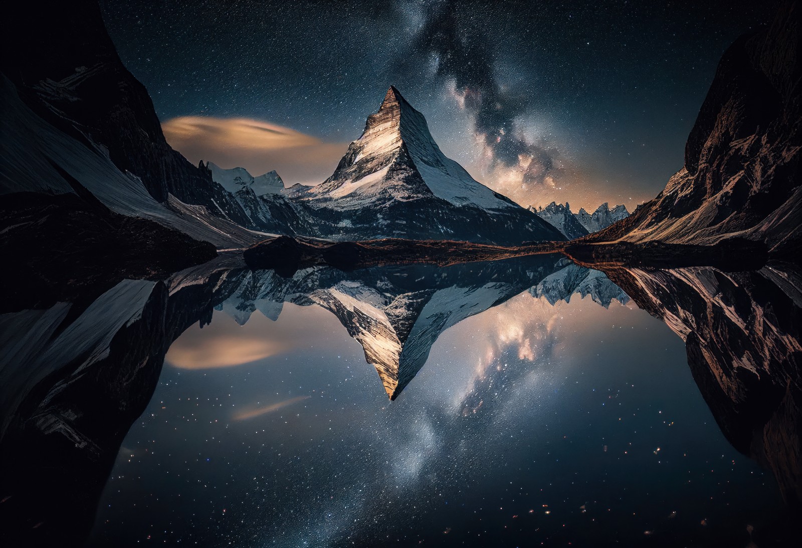 Ein berg mit reflexion im wasser und der milchstraße am himmel (matterhorn, 8k, berggipfel, alpen, schweiz)