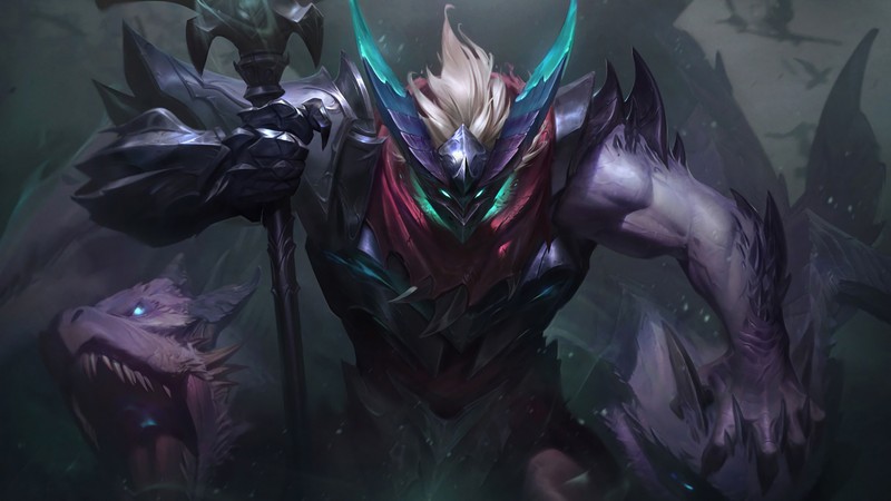 Крупный план демонического существа с посохом в руке (мордекайзер, mordekaiser, иллюстрация, lol, league of legends)