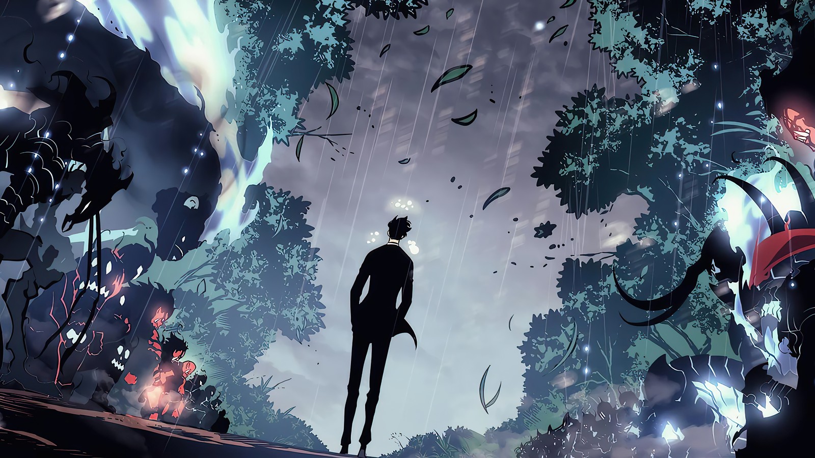 A man standing in the rain with a giant alien in the background (solo leveling, manhwa, anime, sung jin woo, shadow)