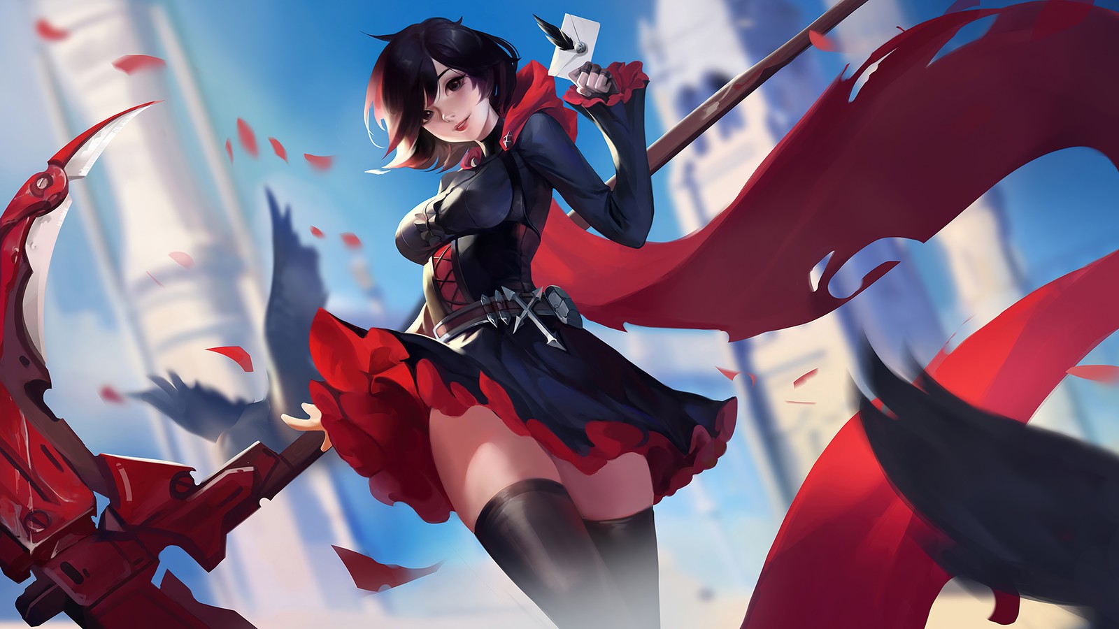 Une femme en robe rouge tenant une épée et un drapeau rouge (rubis, rwvby, anime, filles danime)