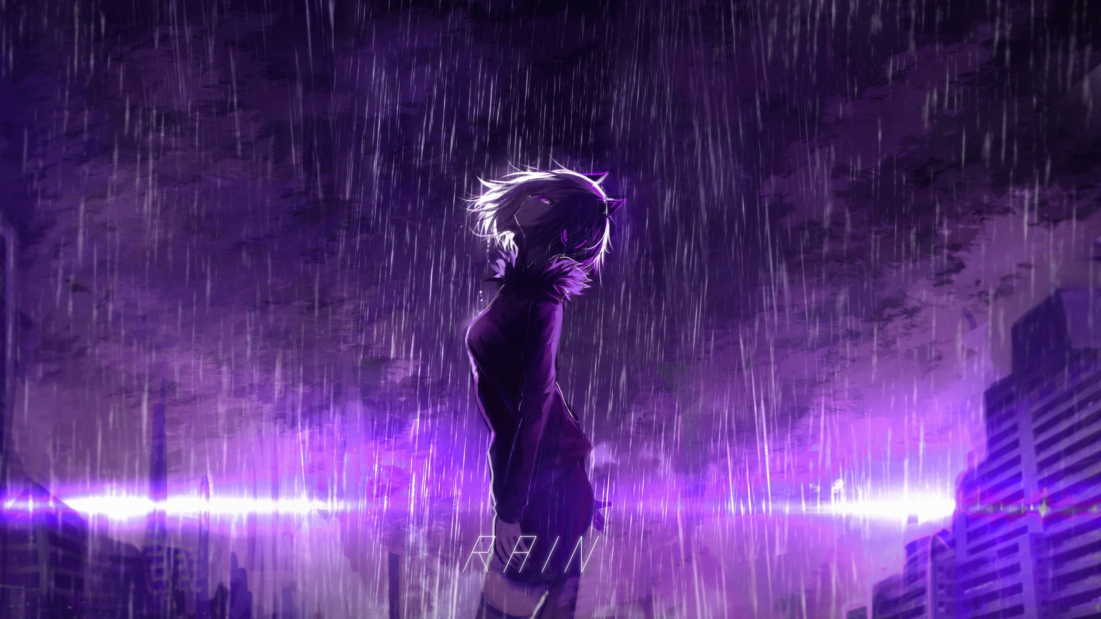 Uma garota de anime em pé na chuva com luz roxa (anime, roxo, água, artes cênicas, violeta)