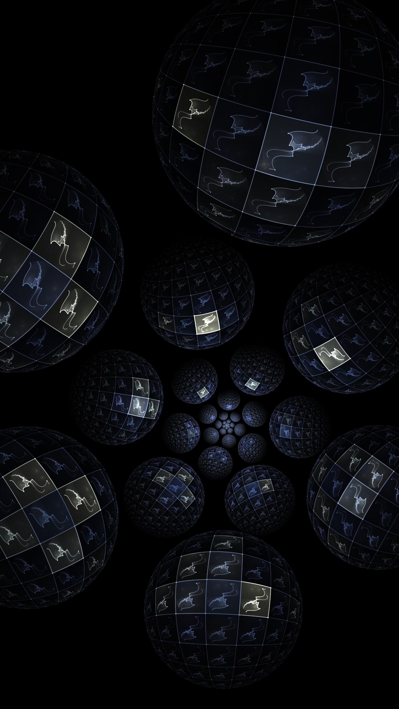 A close up of a bunch of spheres with a black background (sphere, fractal, space, pattern, circle)