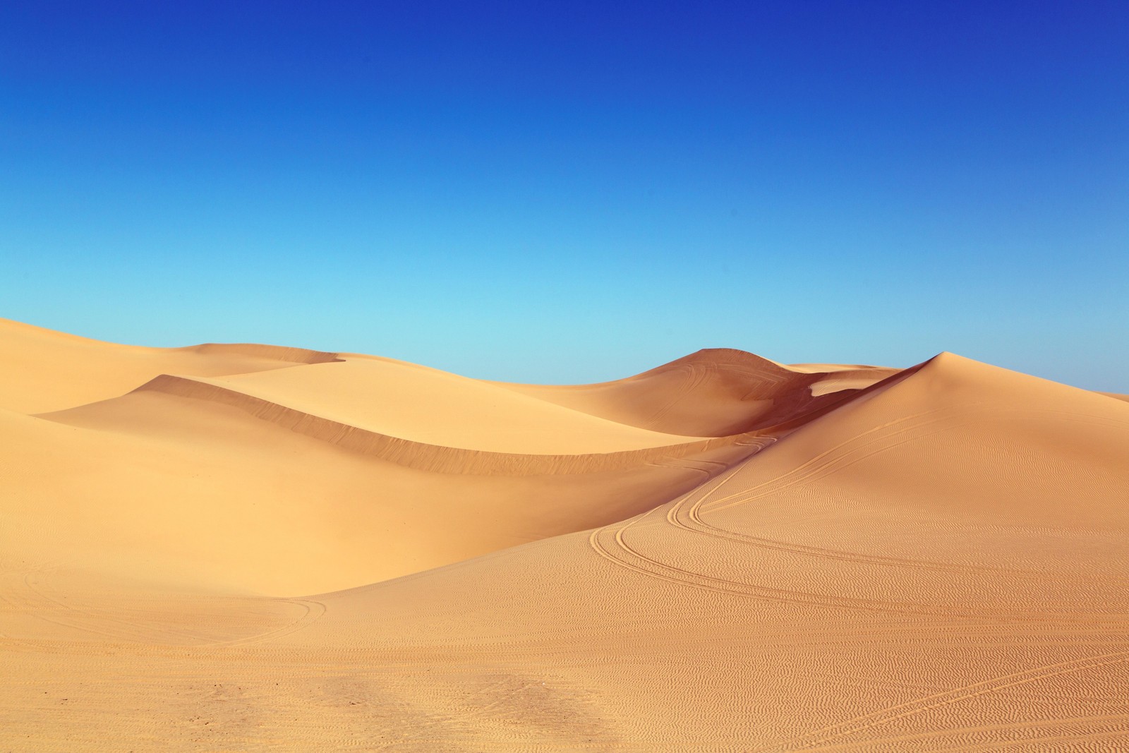 Uma vista de um deserto com algumas marcas na areia (deserto, céu azul, dunas de areia, céu limpo, 5k)