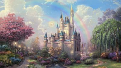 Une peinture à l'huile fantaisiste du château de Cendrillon entouré de jardins vibrants, sous un arc-en-ciel et un ciel serein, incarnant un paysage de conte de fées.