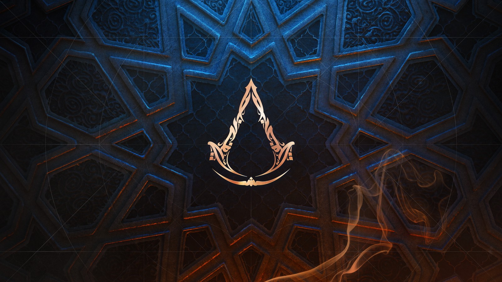 Das logo von assassin's creed origins auf einem blauen hintergrund mit einem muster. (assassins creed mirage, pc spiele, spiele 2023, playstation 4, playstation 5)