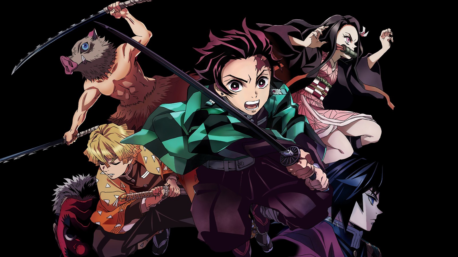 Eine gruppe von anime-charakteren mit schwertern und einem dämon (kimetsu no yaiba, dämonentöter kimetsu no yaiba, demon slayer kimetsu no yaiba, anime, tanjirou kamado)