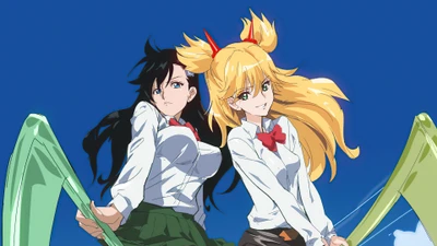 Noel Niihashi and Ninny Spangcole from "Burn the Witch" in a dynamic pose against a bright blue sky.