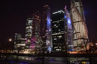 Moscow City Nightscape: Illuminated Skyscrapers Along the Moskva River