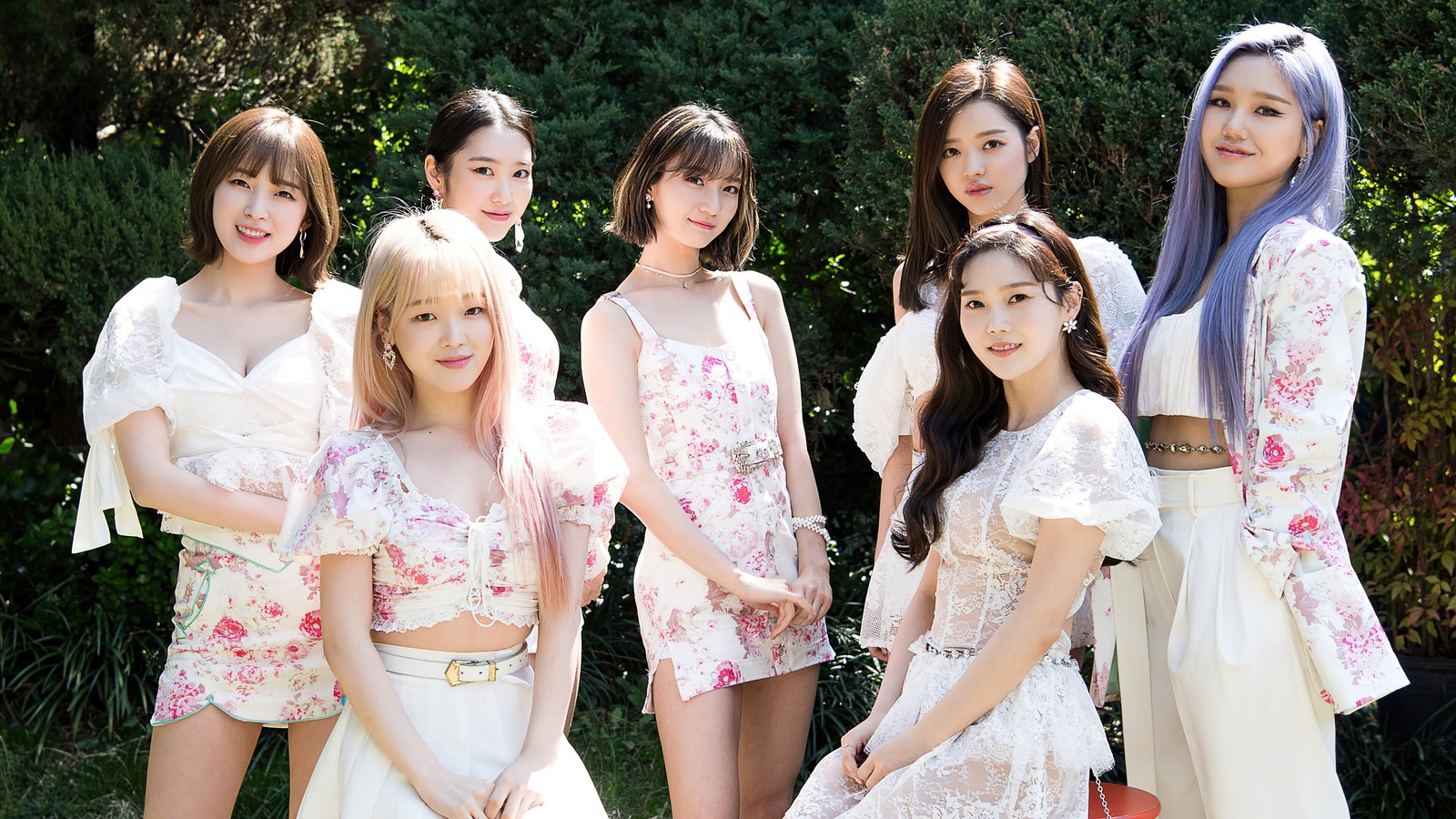 Группа молодых женщин, позирующих для фотографии перед кустом (oh my girl, 오마이걸, kpop, k pop, девочки)