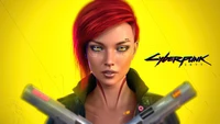 Portada de Cyberpunk 2077 con V femenina sobre fondo amarillo