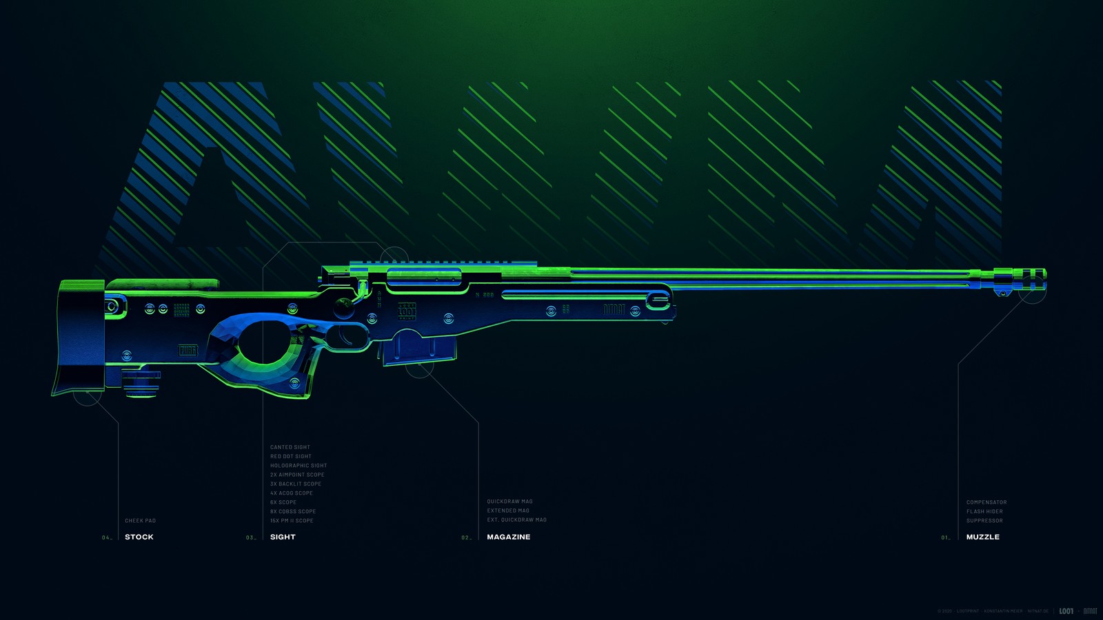 Uma arma verde e preta com um fundo azul e verde (awm, rifle de precisão, pubg mobile, playerunknowns battlegrounds, jogos)