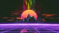 retrowave, synthwave, grade, montanhas, paisagem