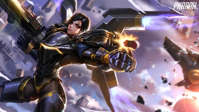 Фара развертывает свою огневую мощь в динамичной сцене битвы Overwatch.