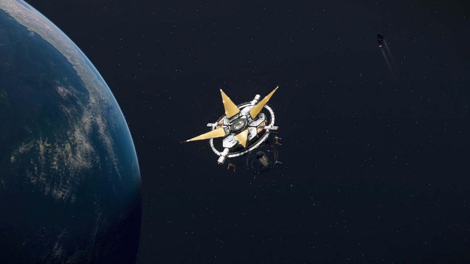 Arafed view of a space station in the middle of the earth (starfield, video game)