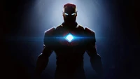 Silueta de Iron Man con un núcleo brillante en una luz dramática