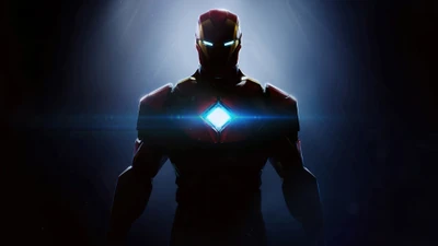 Silhouette d'Iron Man avec un noyau lumineux dans une lumière dramatique