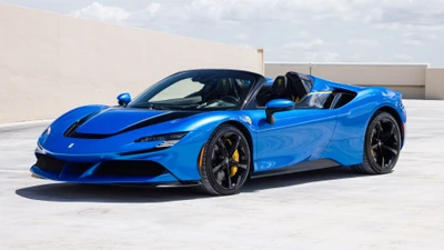 Ferrari SF90 Spider: Impactante coche deportivo azul en un ángulo dinámico