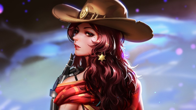 Женщина в ковбойской шляпе и красном платье с оружием (маккри, mccree, девочки, overwatch, видеоигра)