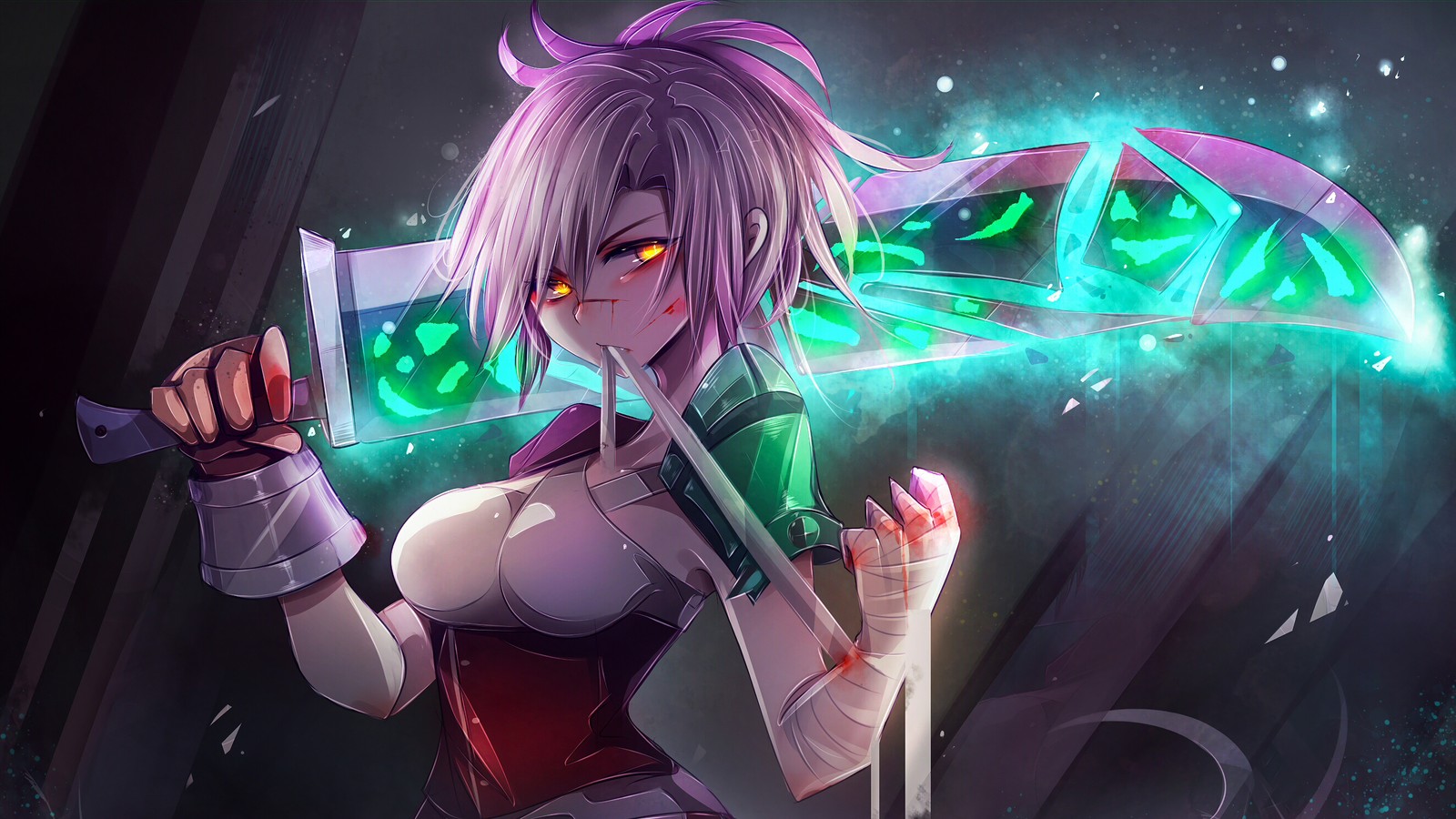 A woman with a sword in her hand and glowing eyes (riven, lol, video game, league of legends, sword)