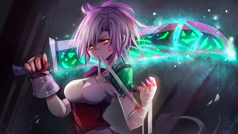 Женщина с мечом в руке и светящимися глазами (riven, lol, видеоигра, league of legends, меч)