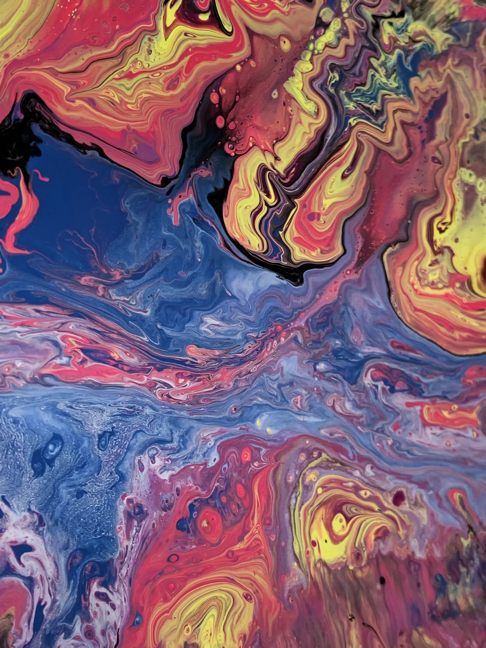 A close up of a painting of a colorful liquid pouring (painting, watercolor painting, acrylic paint, abstract art, visual arts)