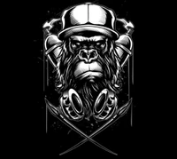 Stylized Gorilla with Headphones and Crossed Weapons