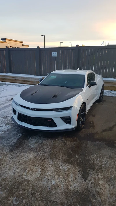 Sleek White Chevrolet Camaro with Black Hood in Urban Setting