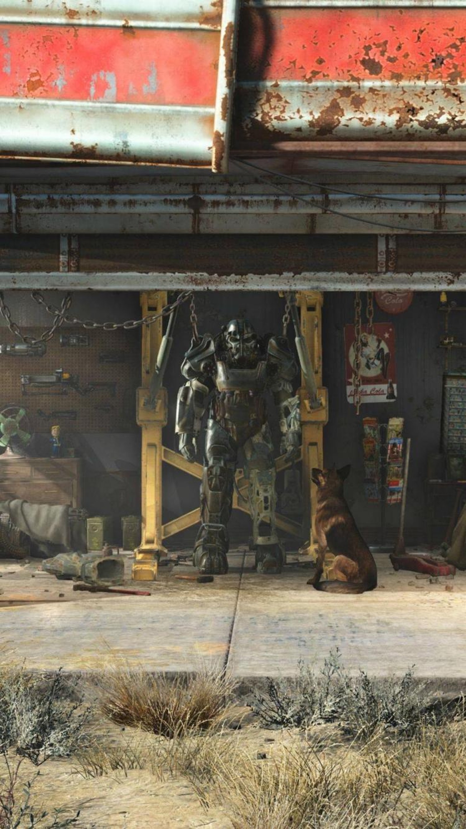 Il y a un chien assis sous un garage avec un robot (fallout, fallout 4)