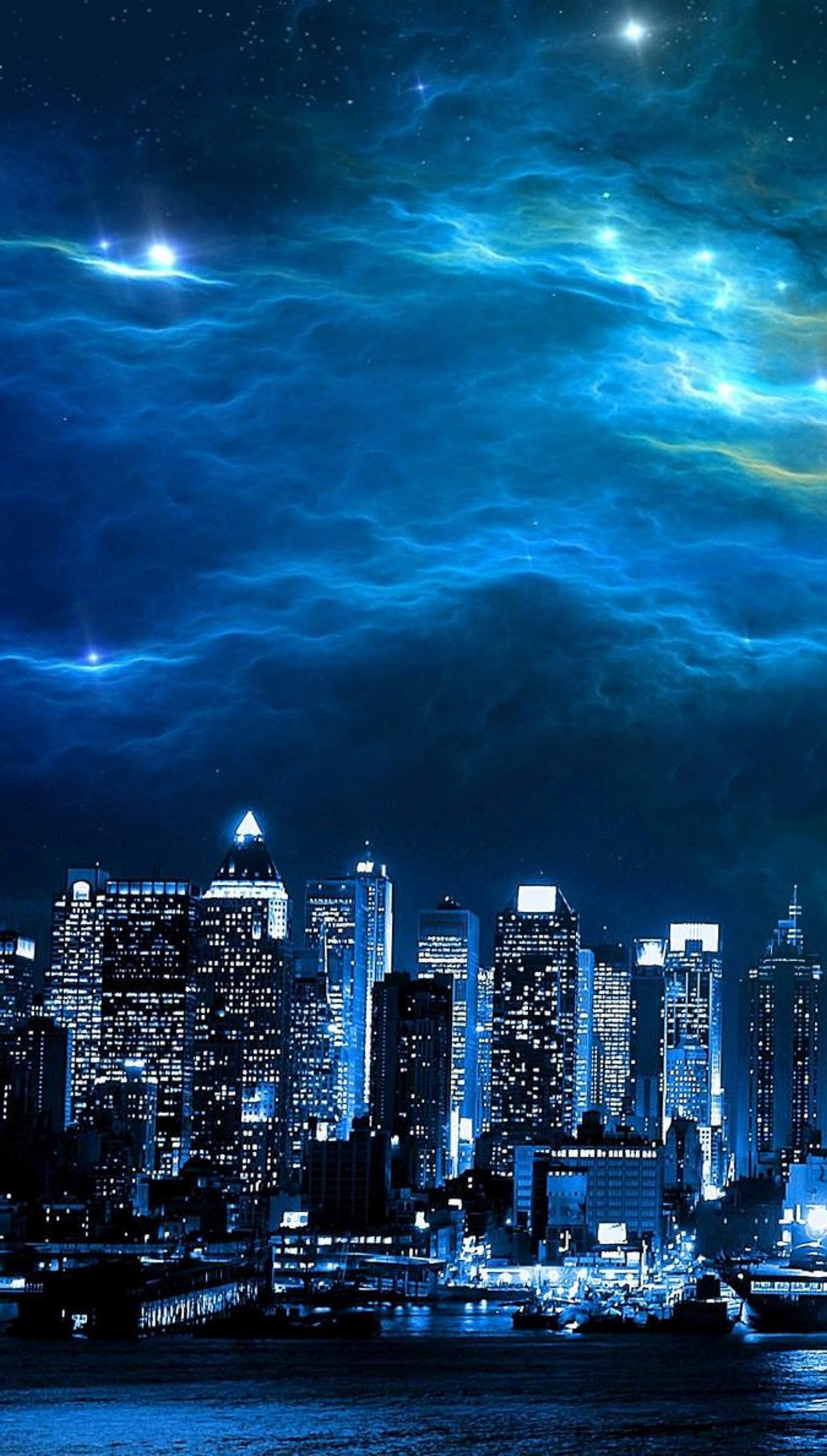 Night sky with stars and clouds over a city skyline (blue, city, night, sky)