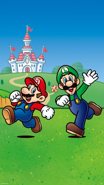 Mario e Luigi correndo alegremente no Reino dos Cogumelos