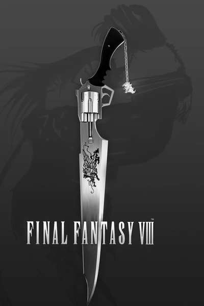 Gunblade de Final Fantasy VIII con siluetas de Rinoa y Squall