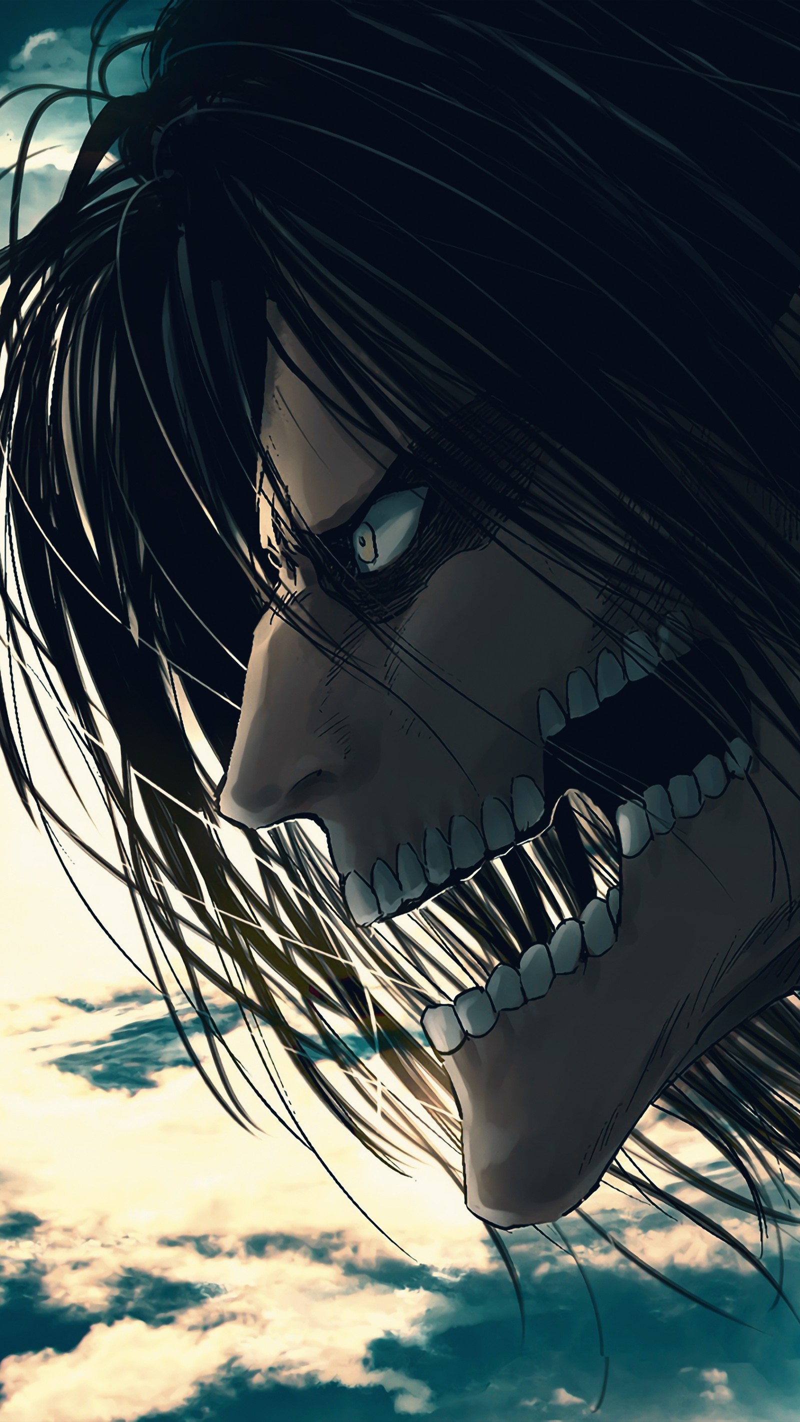 Personnage d'anime avec de longs cheveux et des dents dans le ciel (lattaque des titans, attack on titan, shingeky no kyojin)