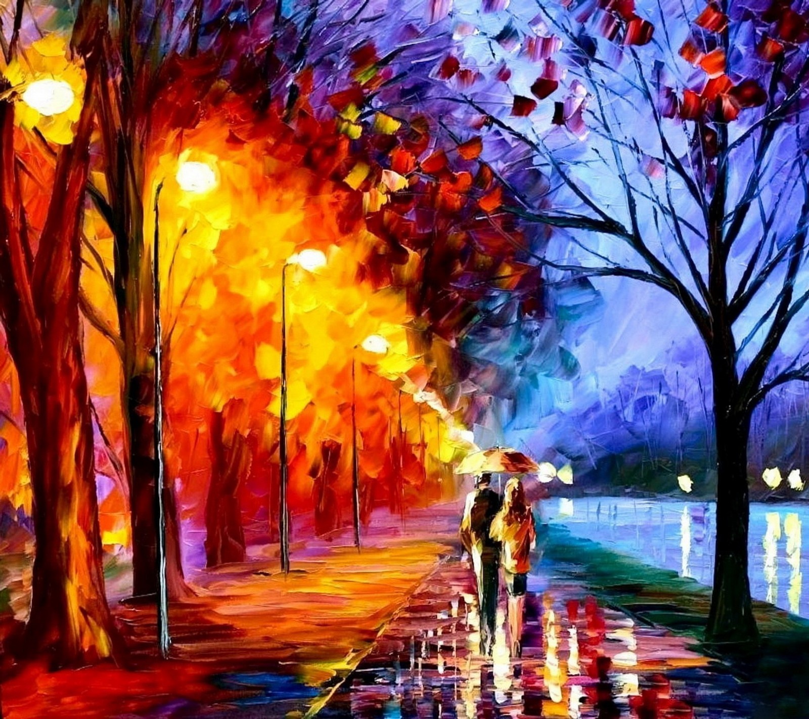 Pintura de um casal andando pela rua com um guarda-chuva (bonito, vista)