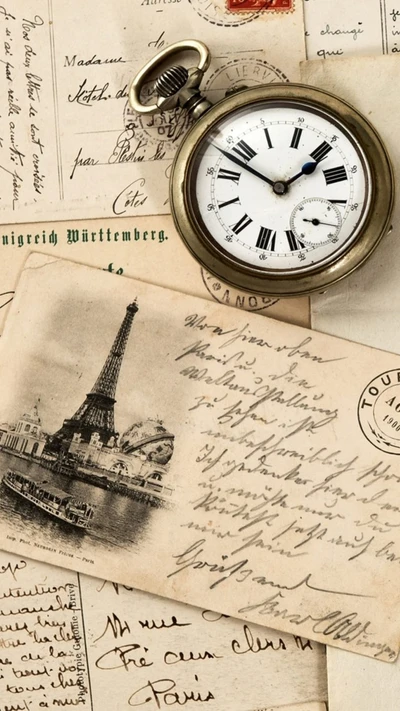 Cartes postales vintage de Paris et montre de poche