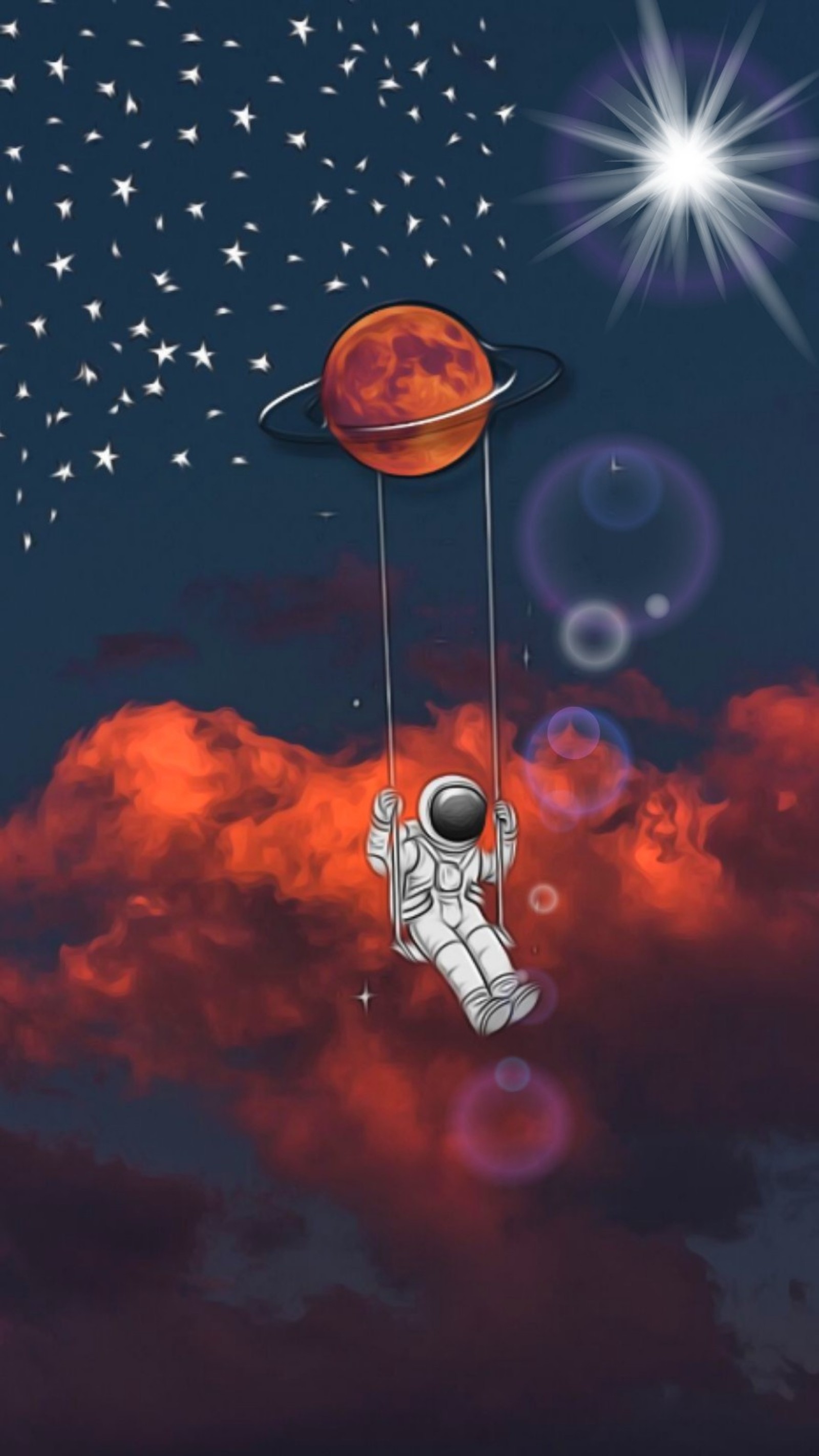 An astronaut is flying in the sky with a red planet (manga, military, triangle, rockstar, army)