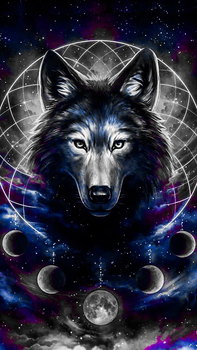 Majestic Black Wolf Surrounded by Celestial Mystique