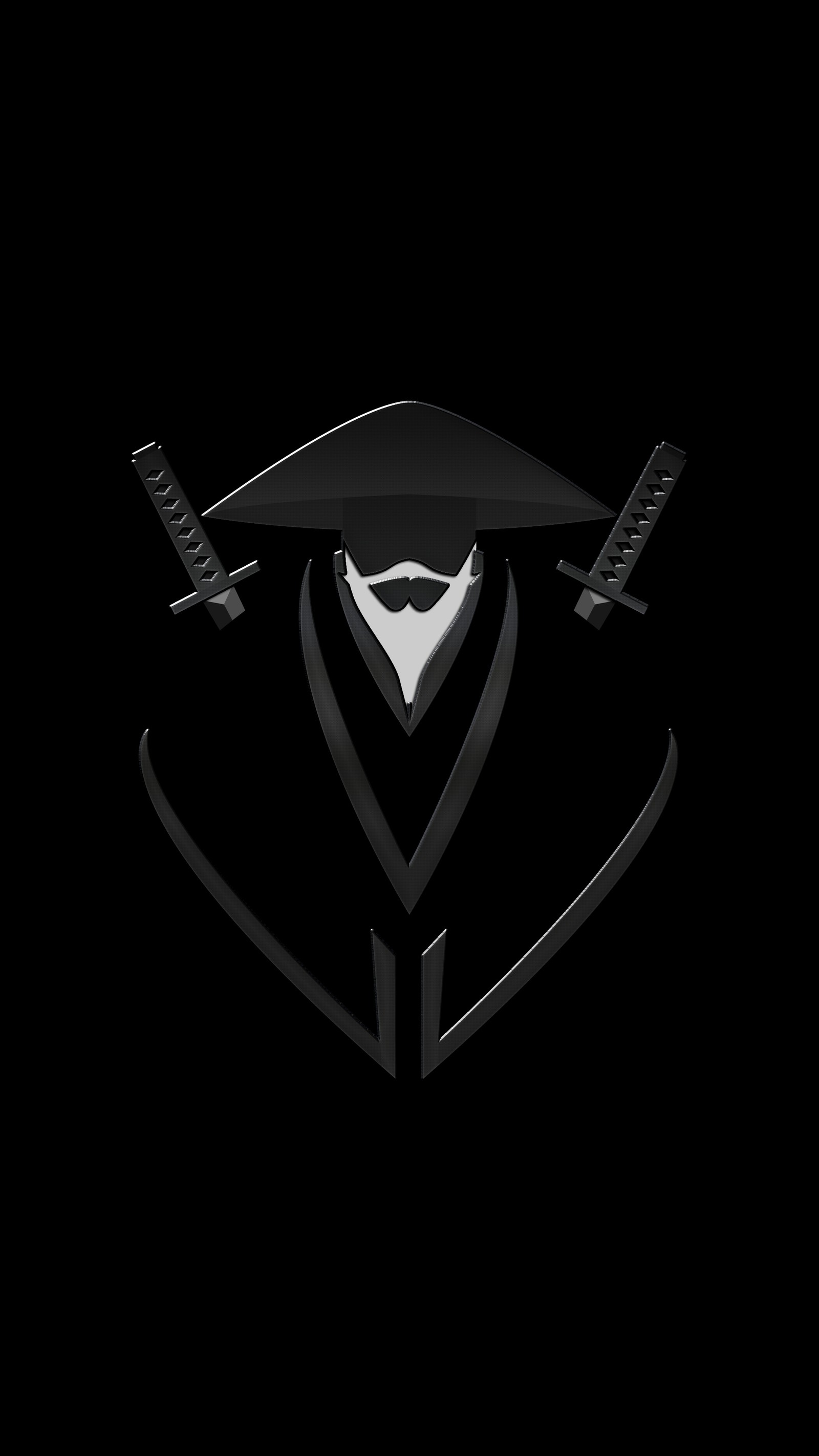 A close up of a black and white ninja mask with two swords (929, amoled, best, black, clean)