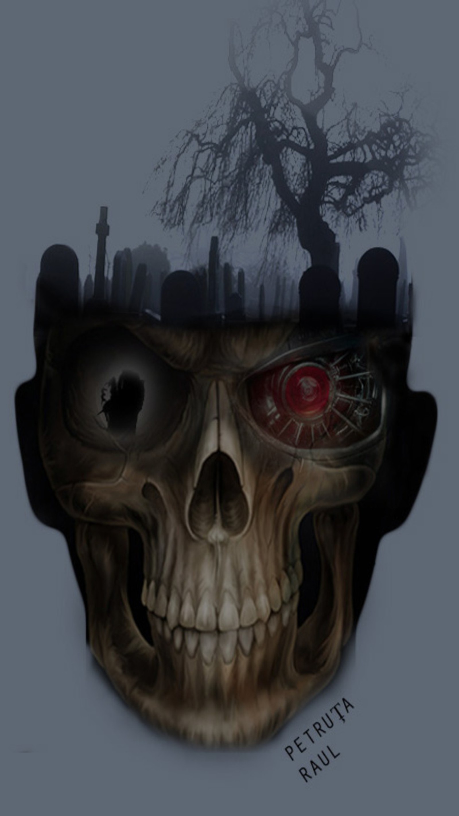 Skull with a tree and a red eye in the background (black, skull)