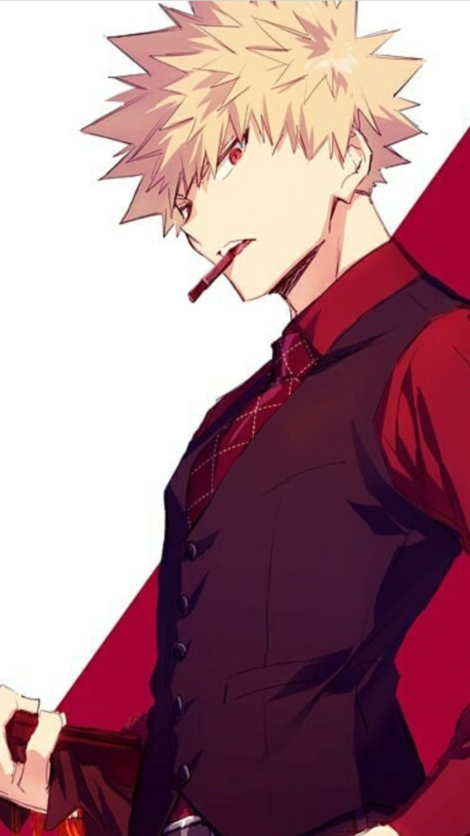 Un gros plan d'une personne en costume et cravate avec une cigarette (bakugo, katsuki bakugo, mon héros, my hero academia)