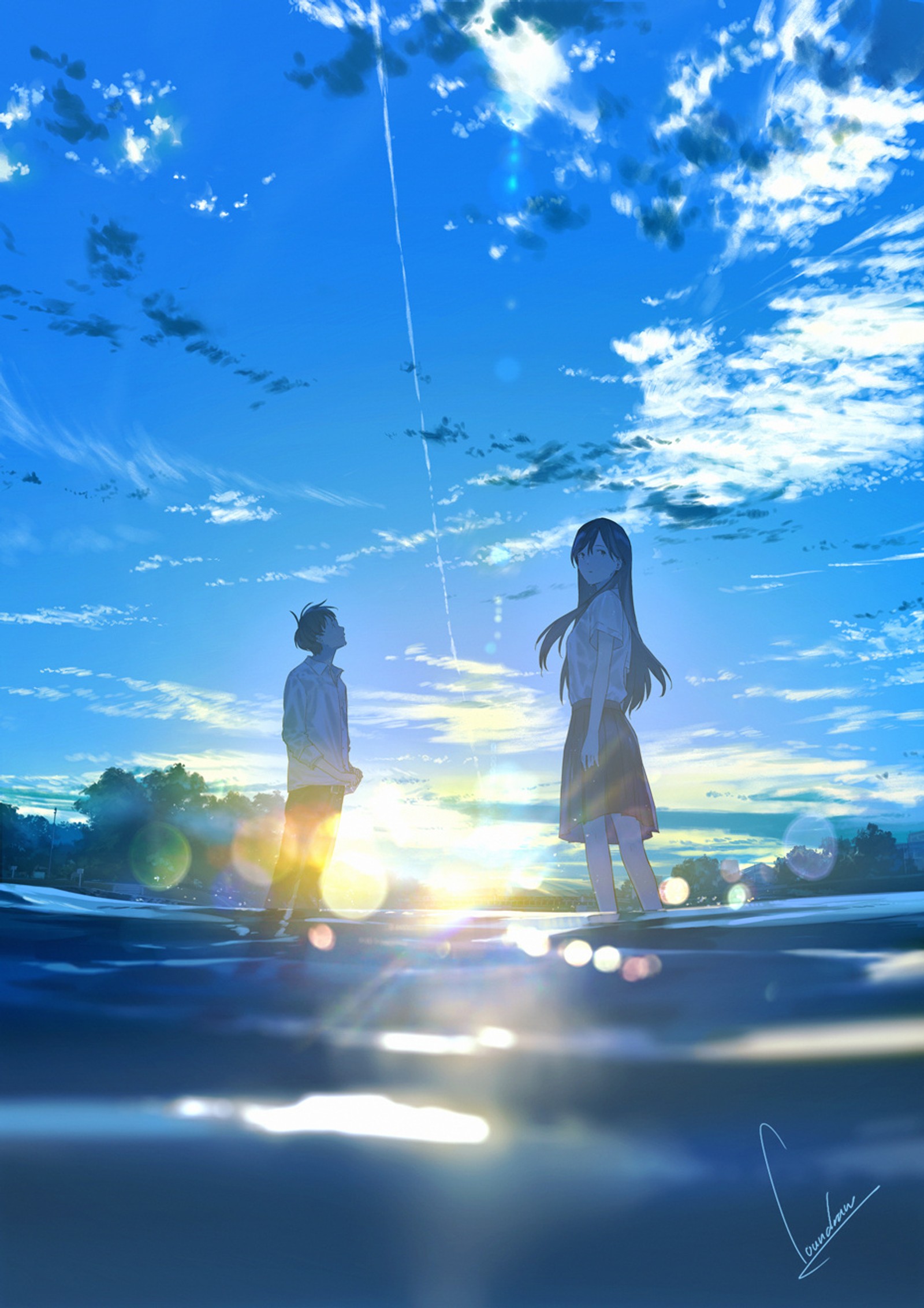 Escena de anime de dos personas de pie en el agua con una cometa en el cielo (anime, nubes, creepyloli, escenario, school uniforms)