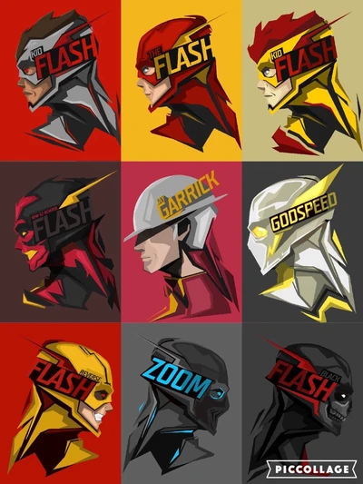 A vibrant collage showcasing various Flash characters, including Kid Flash, Jay Garrick, Godspeed, and Zoom, each represented with distinct colors and styles.