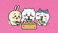 Adorable Cartoon Friends Enjoying Noodles on a Pink Background