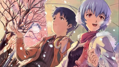 Caminhada de inverno: Rei Ayanami e Shinji Ikari sob as flores de cerejeira