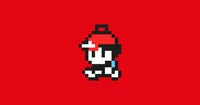 Minimalist Pixel Art of Ash Ketchum on Red Background