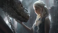 Daenerys Targaryen with her dragon in a haunting fantasy setting.