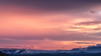 pink sky, sunset, mountains, landscape, fog