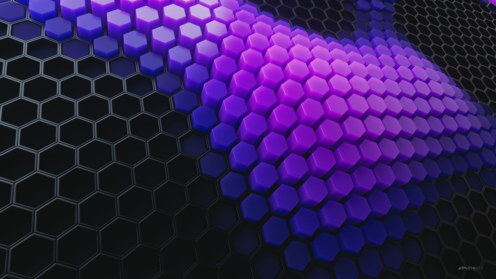 Purple and blue hexagons on a black background (hexagons, violet blocks, patterns, violet background, black blocks)