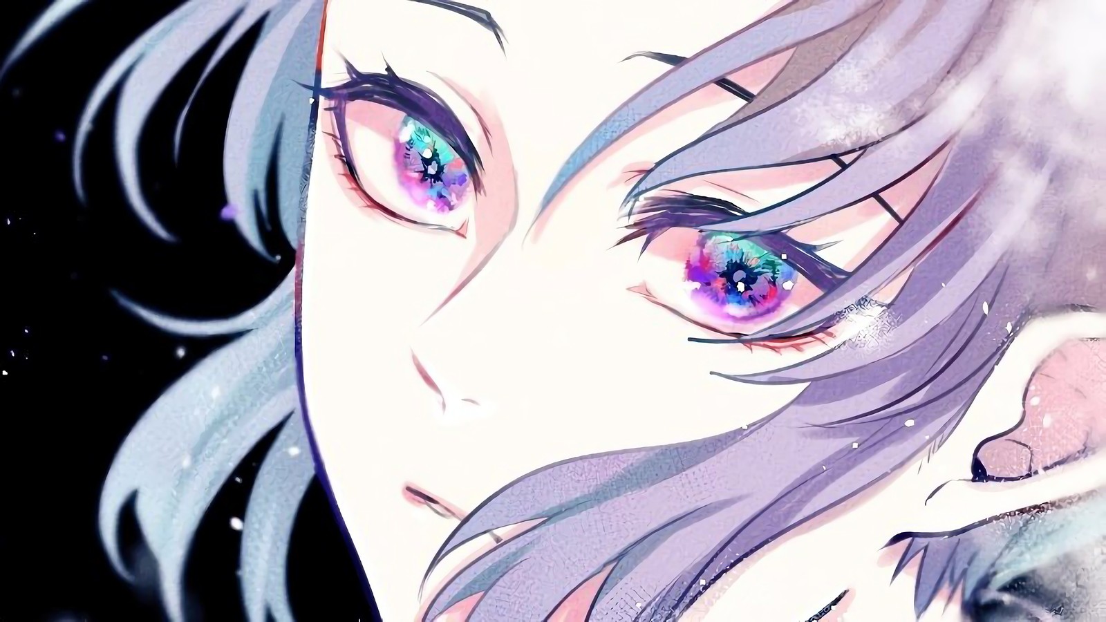 Anime-mädchen mit lila haaren und blauen augen schaut in die kamera (shinobu kochou, kimetsu no yaiba, anime)