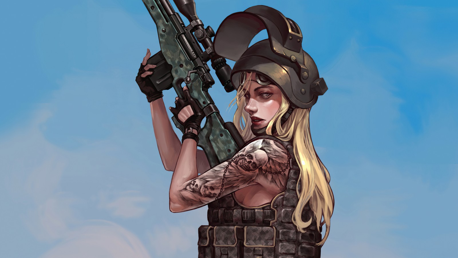 Uma mulher de capacete segurando um rifle e um rifle (playerunknowns battlegrounds, jogo de vídeo, meninas, atirador)