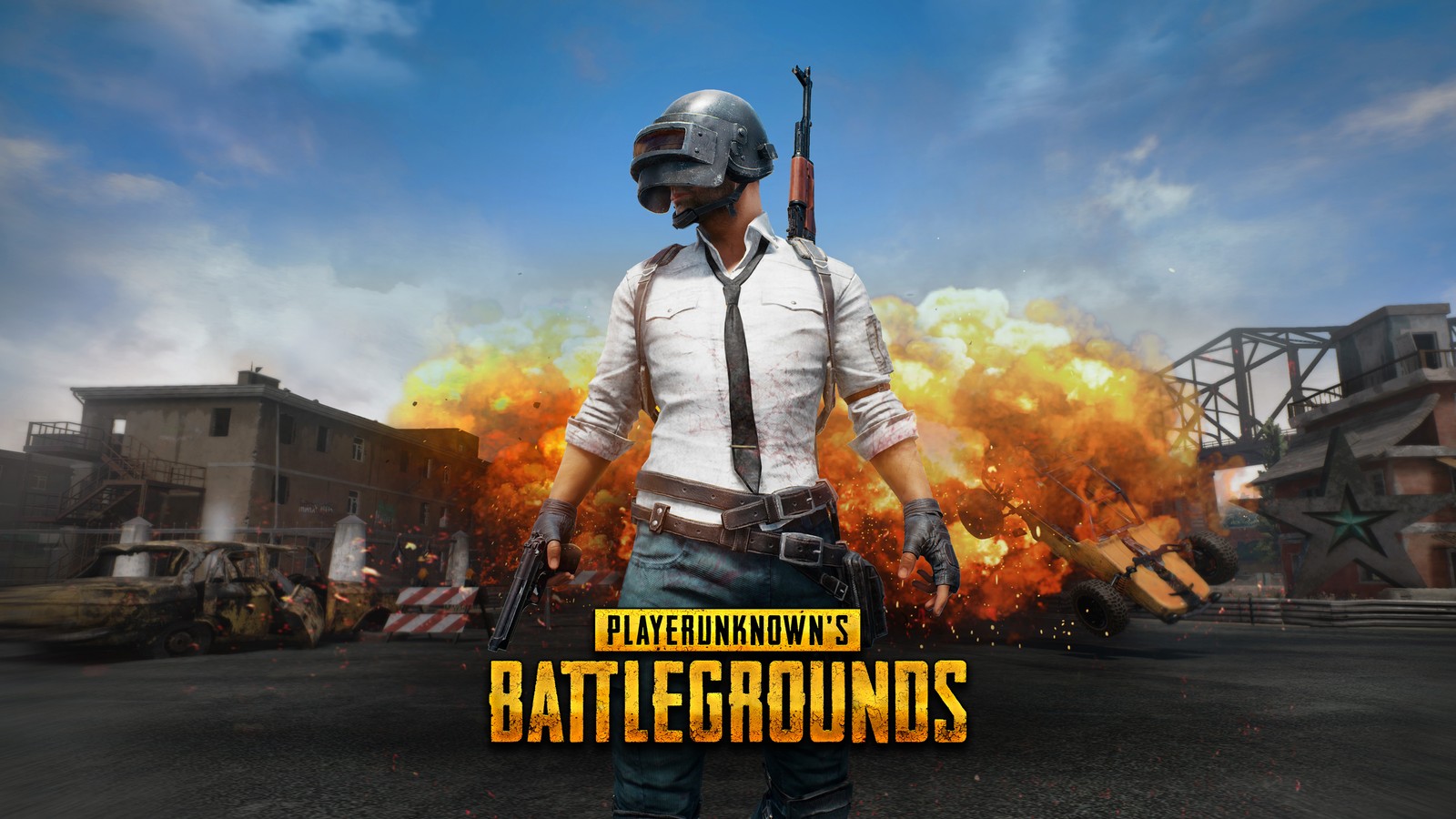 Un jugador de pub de pie frente a un fuego y una explosión (playerunknowns battlegrounds, videojuego)